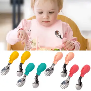 1 комплект детской тренировочной ложки с мультяшной изогнутой пассивированной головкой, вилка для кормления, ложка, силиконовые детские тренировочные гаджеты, набор посуды для дома