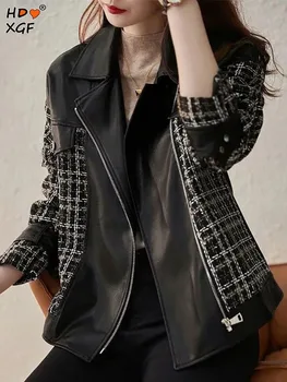 Винтажная кожаная пуговица с V-образным вырезом, Черные Клетчатые рукава в стиле пэчворк, Корейская уличная одежда, куртки Y2k, Весна-осень, Женское роскошное пальто на молнии