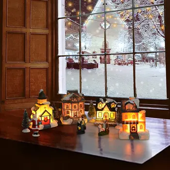Наборы деревенских домиков с рождественскими украшениями, Коллекционные здания со светодиодной подсветкой, Статуэтки, Стол для дома отдыха, Декор сцены у камина