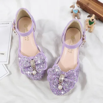 Кожаная обувь для девочек, сандалии, детские туфли на высоком каблуке с бриллиантовым бантом, блестящая обувь для танцев для девочек, модные свадебные туфли для девочек