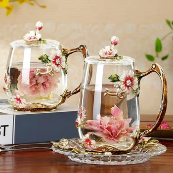 Красота и новизна Эмалированная Кофейная чашка, Кружка для цветочного чая, Стеклянные стаканчики для горячих и холодных напитков, набор чайных чашек и ложек, Идеальный свадебный подарок