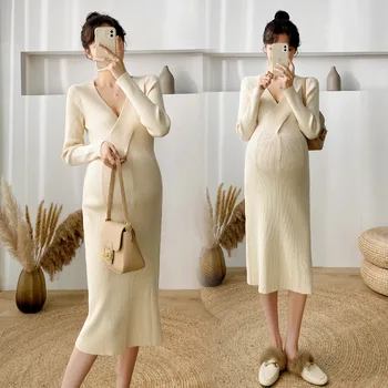 Модное платье для беременных, вязаный свитер с V-образным вырезом и длинными рукавами, одежда для беременных