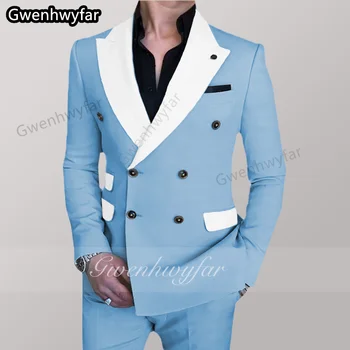 Мужской деловой костюм Gwenhwyar Four Seasons, небесно-голубой смокинг жениха, приталенный мужской пиджак для выпускного вечера, комплект брюк (пиджак + брюки)