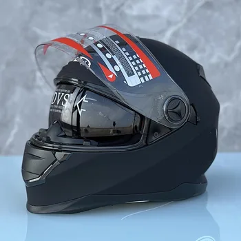 Материал ABS, мотоциклетный анфас с двумя линзами Внутри, черный солнцезащитный козырек, защитный шлем для мужчин и женщин, матовый черный шлем
