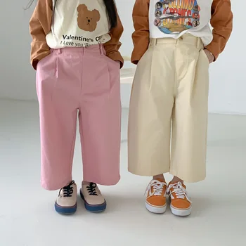 Детские брюки 2023 Весна-осень, повседневные брюки с прямыми штанинами для корейских девочек, однотонные хлопчатобумажные брюки для мальчиков, свободные широкие брюки для детей, брюки