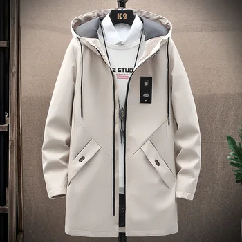 M-4XL Мужской тренч, весенне-осенняя Мужская куртка, Длинная куртка на молнии с капюшоном, Однотонная Корейская Свободная Удобная ветровка, одежда Hw65