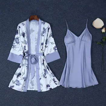 Сексуальное платье для сна из ледяного шелка, ночная рубашка с цветочным принтом, кардиган-кимоно, 2 предмета, халат для сна, домашнее платье с V-образным вырезом, домашняя одежда