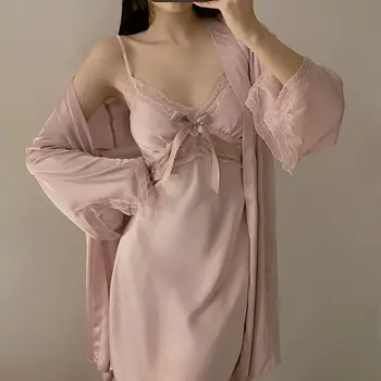 Сексуальный розовый атласный халат, комплект женской пижамы, Интимное белье, открытая ночная рубашка, Кимоно, халат, пижама с V-образным вырезом