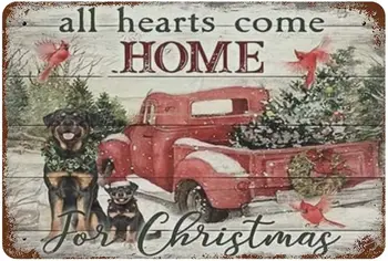 Слоган All Hearts Come Home For Christmas Гласит Металлическая жестяная вывеска Собака Ретро Плакат Бар Ресторан Кафе Офис Торговый центр Гараж