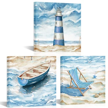 Комплект из 3 предметов, Маяк, лодка, пляжный стул, домашний декор, плакат, Пляжная тематика, печать на холсте, картина в современном стиле, настенное искусство в гостиной