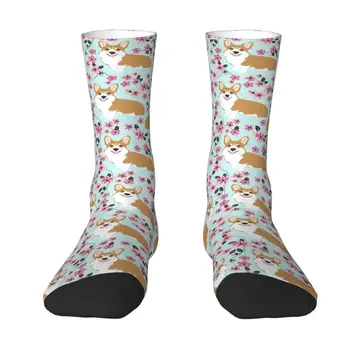 Мужские носки для экипажа Corgi Cherry Blossom с цветочным рисунком для собак, унисекс, новинка, носки для платья с 3D-принтом