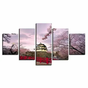 Японская пагода Вишневый цвет 5 штук Холст Настенный Художественный плакат с краской Домашний декор 5 панелей HD Печать фотографий без рамок 5 штук