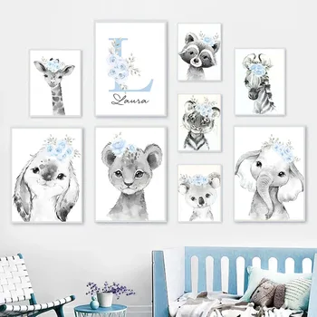 Персонализируйте Настенное украшение с именем ребенка, Настройте Настенный плакат для детской комнаты, живопись на холсте с животными в стиле детской спальни
