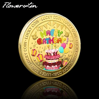 [FlowersLin] С Днем Рождения, Красочная раскрашенная памятная монета, Любовь и счастье, Счастливая золотая монета, подарок на день рождения для детей