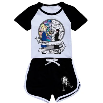 Комплект детской одежды, костюмы для косплея Wednesday Addams для девочек, летние спортивные костюмы с короткими рукавами и принтом, детская футболка + брюки, наряды