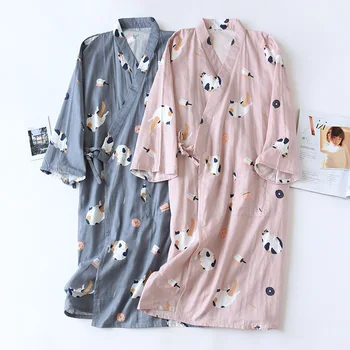 Японская хлопчатобумажная пижама Кимоно Юката Унисекс, Подходящая для пары одежда, Ночная рубашка с принтом кота Каваи, Халат, Мягкая пижама, Милые девушки