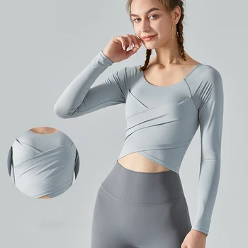новый женский нагрудный крест, Сексуальные Тонкие рубашки для йоги, укороченный топ с длинным рукавом, спортивная футболка для бега, Женская спортивная блузка для тренировок, спортивная одежда