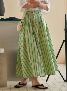 Летняя женская длинная юбка трапециевидной формы в романтическую праздничную контрастную полоску с высокой талией в тонкую полоску