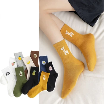 Женские носки с милыми фруктами, носки для девочек, простые однотонные носки, женские длинные носки в корейском стиле, кавайные счастливые и забавные носки