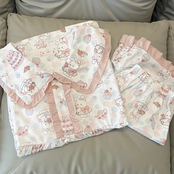 Пижама с кроликом, женские летние хлопчатобумажные шорты с коротким рукавом, милый костюм, который можно носить вне домашней одежды
