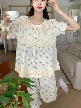 Корейская повседневная элегантная пижама Sweet Home с мягким принтом и коротким рукавом, женские укороченные брюки, модная пижама с круглым вырезом.