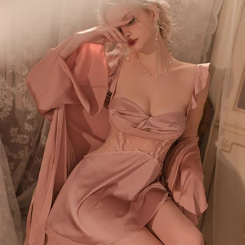 Женское сексуальное атласное ночное платье, имитирующее Ледяной шелк, пижамы, пижамы с длинным рукавом, халаты Sumemr, Домашняя одежда, пижамы