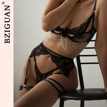 BZIGUAN, кружевной сексуальный бюстгальтер из 3 частей, перспективное нижнее белье с готической металлической цепочкой + Эротический комплект стрингов, набор женских подвязок