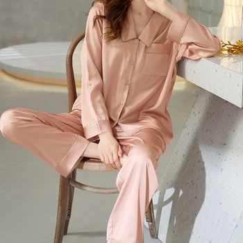 Однотонный атласный пижамный комплект Sweet, топ на пуговицах с длинным рукавом и брюки с эластичным поясом, женская пижама и одежда для отдыха