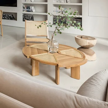 Бытовая мебель из массива дерева, журнальные столики, офис, спальня, Круглый чайный столик, современная небольшая квартира, гостиная, приставной столик из ротанга