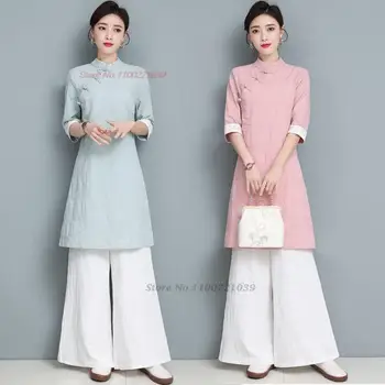 2023 ретро дзен ципао блузка женская китайская улучшенная блузка hanfu элегантные винтажные топы hanfu ретро хлопчатобумажная льняная жаккардовая блузка
