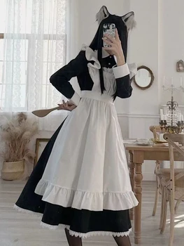 Милое платье горничной Лолиты, французский Винтажный Белый фартук в изысканном стиле, готическое черное платье Лолиты для женщин, платье горничной Cos Soft Sister Midi