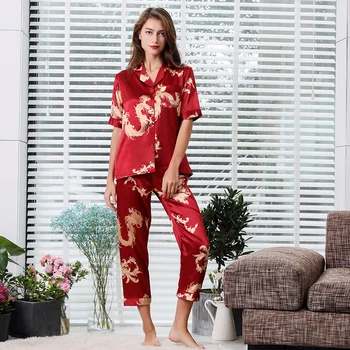 летний костюм для пары, пижамные комплекты, модный принт из искусственного шелка, повседневные ночные рубашки-двойки, пижамы с коротким рукавом + комплект брюк для сна