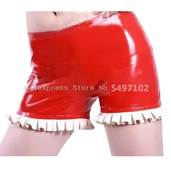 Женские боксерские шорты из красного латекса с оборками, женские короткие штаны с белым кружевом