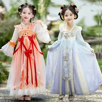 Китайское платье Hanfu, костюм для девочек, детский карнавальный костюм феи с длинным рукавом, танцевальное летнее платье Hanfu для детей, девочек
