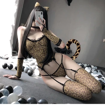 Новый Сексуальный женский костюм для косплея с леопардовым принтом Диких животных на Хэллоуин, Маскарадный костюм Кошки для ночного клуба, Повязка на голову, Форма для ролевых игр