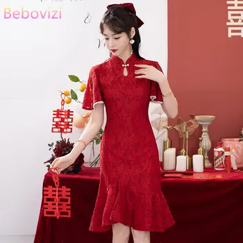 Китайская Традиционная Женская Одежда Для новобрачных Свадебный Чонсам Современное Улучшенное Красное Платье Ципао CNY