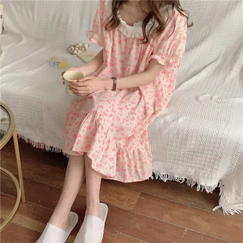 Женские розовые ночные рубашки, летняя ночная рубашка, кружевное милое платье с коротким рукавом, свободные пижамы в корейском стиле, домашняя одежда