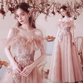 Женское свадебное платье на бретельках для выпускного вечера, одежда для тостов, Элегантное розовое Изысканное вечернее платье из тюля с пайетками, Vestidos