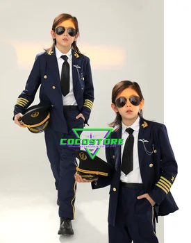 Авиационная униформа Косплей Пилот Полет для детей Карнавальная одежда для ролевых игр Униформа пилота авиакомпании Темно-синий костюм пальто