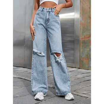 Прямые женские рваные джинсы с высокой талией, женские Белые джинсовые брюки, Корейская одежда, модная уличная одежда, мешковатые брюки, лето 2022 г.