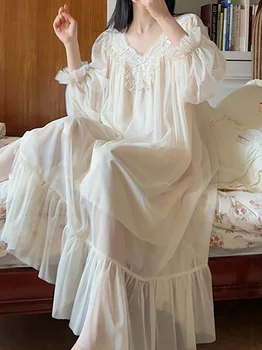 Французская Фея Тумана, Сетчатая пижама, ночная рубашка, Женский фантазийный халат из чистого хлопка, платье принцессы с оборками, Весенние Викторианские ночные рубашки