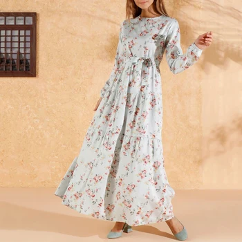 2022 Элегантные Женские Макси-платья для женщин, Свободное платье-качалка с поясом, Цветочный принт, O-образный вырез, длинный рукав, мусульманский халат в стиле пэчворк