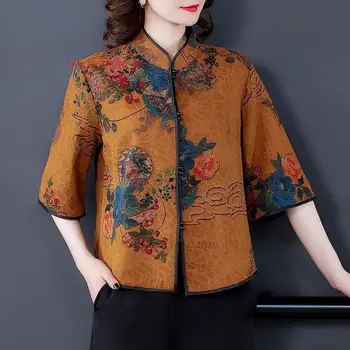 2023 традиционная китайская блузка hanfu, атласная блузка с национальным цветочным принтом, винтажный чайный сервиз, рубашка hanfu, костюм в восточном стиле тан