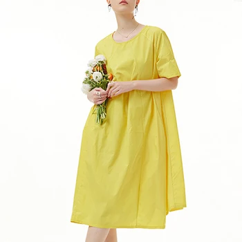 Модные Новые Простые женские платья с круглым вырезом 2023, Летнее однотонное Свободное женское платье для хай-стрит