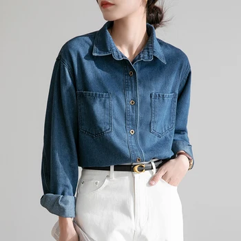 Ретро синие джинсовые рубашки Женские Весна Осень 2023 Новые модные блузки на пуговицах с длинным рукавом Топы Mujer