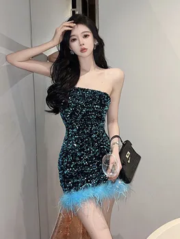 Женское летнее платье корейской версии, сексуальное и чистое желание, высококачественный короткий бюстгальтер с блестками, лоскутное платье с мехом на ягодицах, D3741