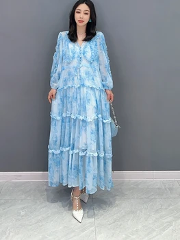 vestidos de galaThe, новое летнее 2023 женское шифоновое платье с длинными рукавами и v-образным вырезом, платье на шнуровке, свободное удобное легкое платье с цветочным принтом