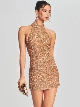 Ailigou 2023 Новое женское сексуальное роскошное мини-платье без рукавов с блестками, Элегантное облегающее платье с открытой спиной, Звездное вечернее платье