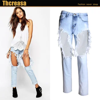 2023 Летние Уличные Королевские прямые джинсовые брюки с высокой талией до колена и большой дырой