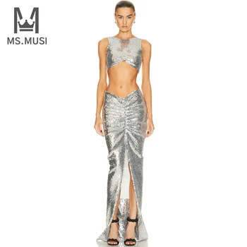 MSMUSI 2023 Новый Модный Женский Сексуальный комплект из двух предметов с пайетками, облегающий вечерний топ на бретелях, без рукавов, с разрезом в складку, Длинная юбка, комплект, костюм